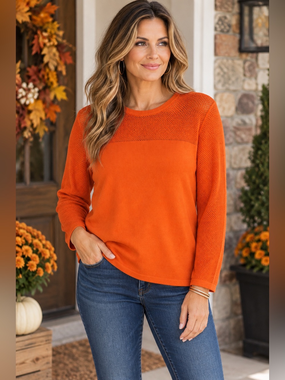 Lauren Ralph Lauren Top Women L Orange Open Knit Mesh Long Sleeve Sweater Fall